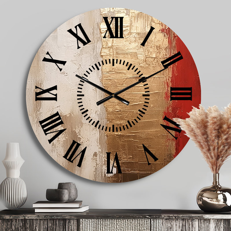 Pleine lune, rachat abstrait doré et rouge I - Peinture abstraite horloge murale, Médium