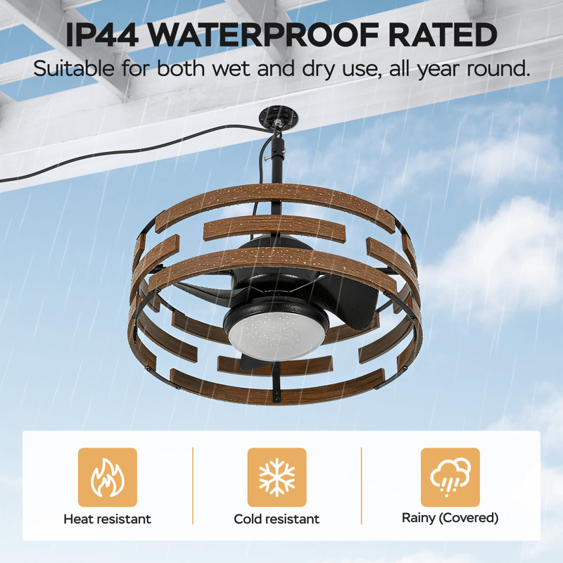 20 Inch Outdoor Indoor Caged Ceiling Fan with LED Lights, IP44 Waterproof Dark Walnut, Dark Walnut