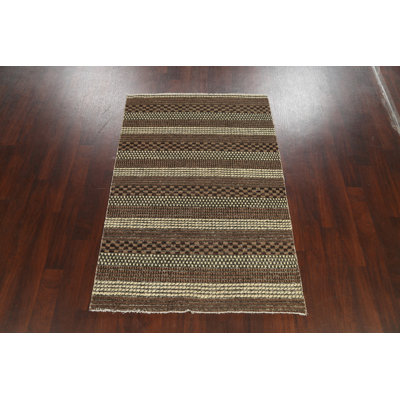 Tapis brun en laine noué à la main de conception unique 4 pi 1 po x 6 pi New Age