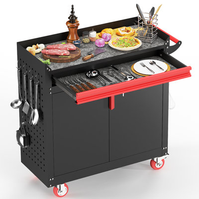 Chariot de barbecue en métal - Chariot de barbecue avec rangement, table de barbecue avec roues, chariot de bar avec tablette réglable