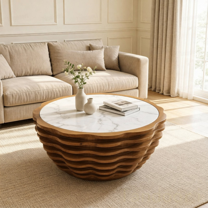 La table basse ronde, la table basse en forme de fleur, les plateaux de table en pierre avec des motifs de marbre uniques sont idéaux pour le salon, le bureau et le café - entièrement assemblés