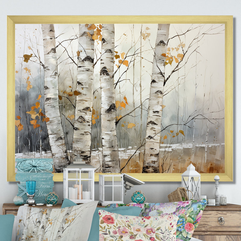 Beauté de bouleau beige et gris sur toile, Cadre photo doré simple, H 16 po x l 32 po x P 1 po