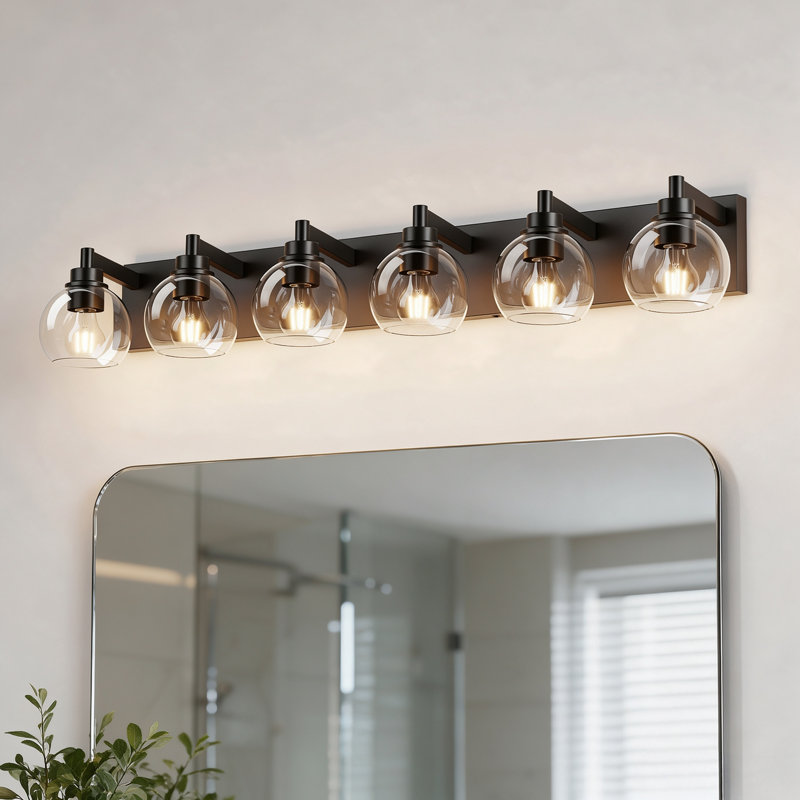 Applique murale pour salle de bain 6 lumières en verre mat noir mat pour miroir, H 7,9 po x l 40,6 po x P 6,97 po, 6 lumières