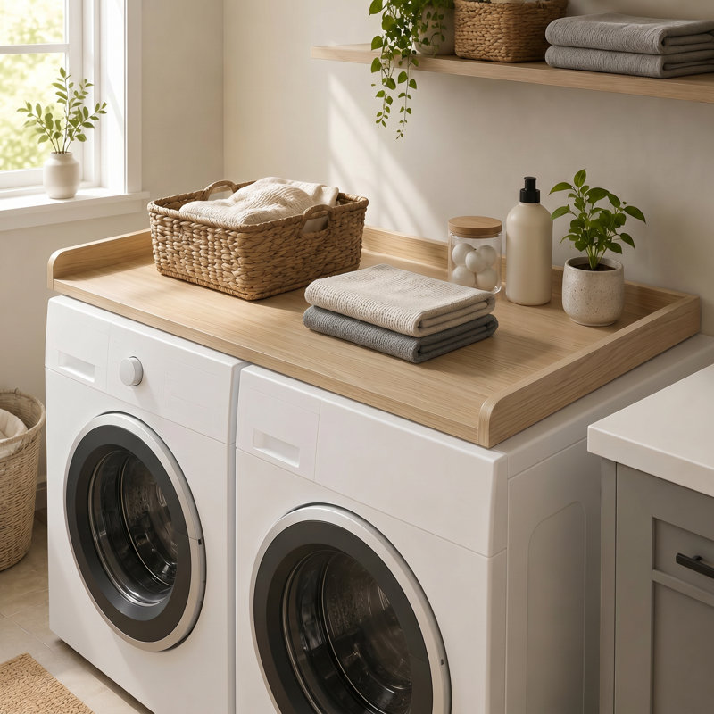 Washer Dryer Countertop Laundry Shelf Topper with Edge, Wooden Cover Guard Organizer for Washer, Dryer & Laundry Hamper Storage