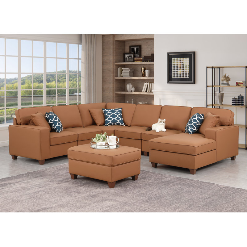 Canapé modulaire en cuir artificiel avec repose-pieds, Cuir artificiel brun