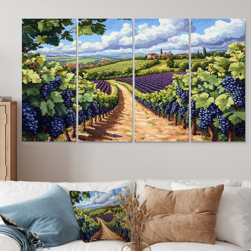 Vineyard In California Summer I - Vineyard Wall Art - ensemble de décorations murales traditionnelles, H 32 po x l 64 po, 4