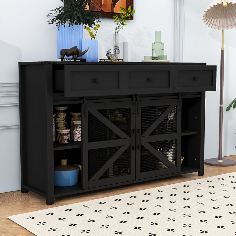 Buffet industriel moderne avec portes de grange coulissantes, tablettes réglables, Noir