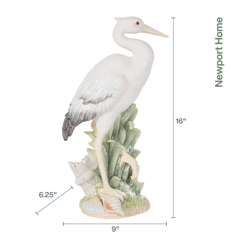 Fitz and Floyd Newport Home Coastal Ceramic Egret Facing Forward Figurine, 16 inches, White