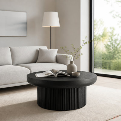 Table basse ronde cannelée de 33,5 po avec plateau à motif de parquet véritable et base cylindrique, plateau de table épaissi, table basse Mid-Century moderne pour salon, petit espace