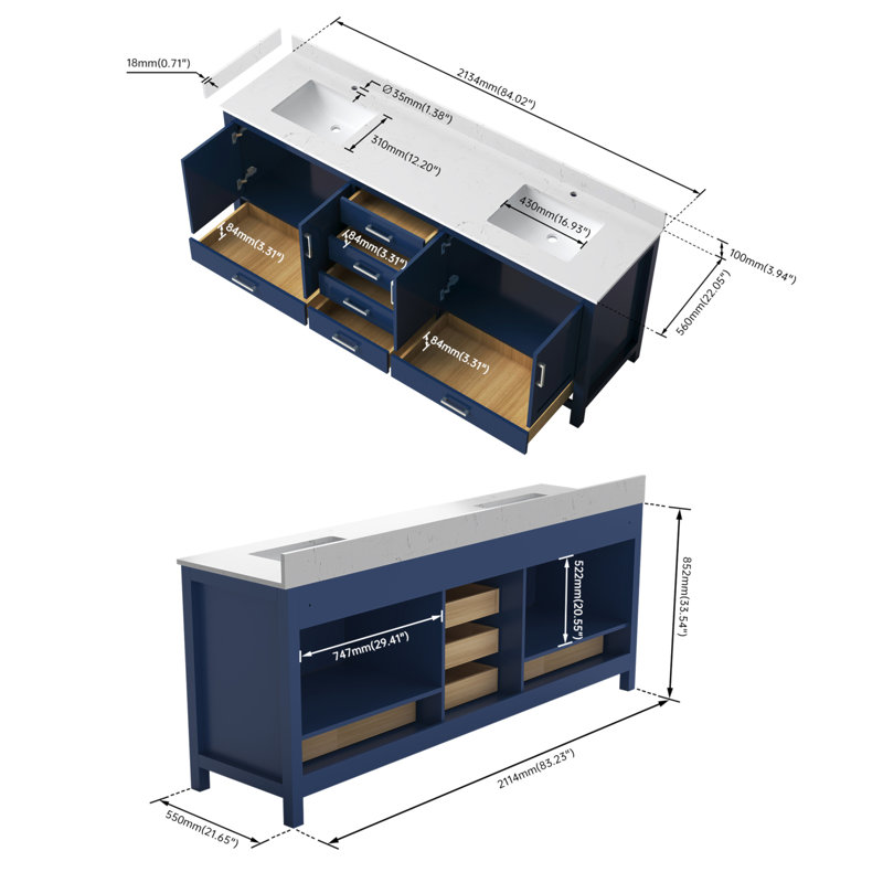 Meuble-lavabo autoportant avec trou pour robinet 83 po