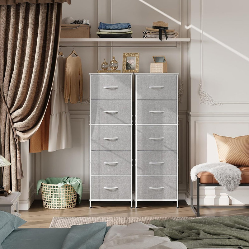 Fabric Dresser, 5-Drawer Tall Dresser For Bedroom, Storage Dresser Organizer With Fabric Bins, Wood Top, Sturdy Steel Frame, Chest Of Drawers For Closet, Hallway, Light Grey