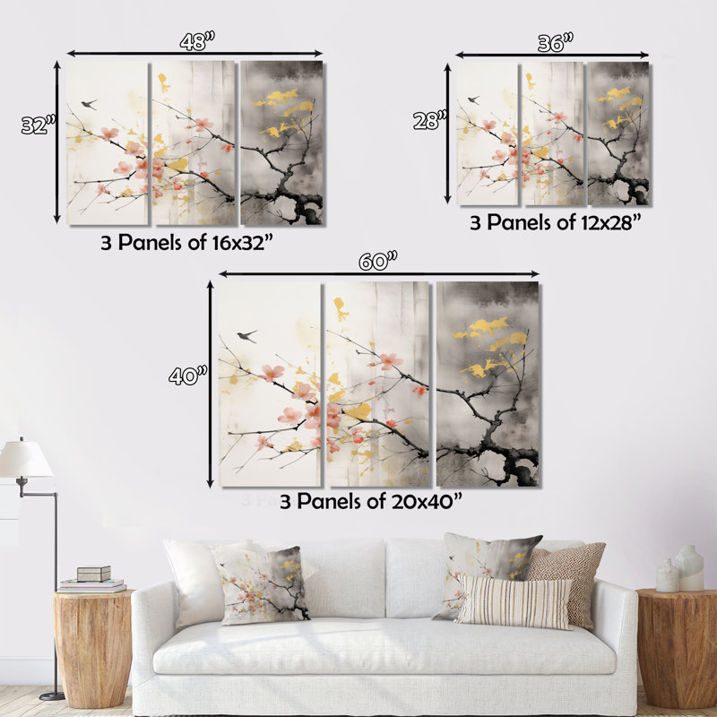 «Asian Art Sumi Blossom I» sur toile, reproduction de 3 pièces, H 28 po x l 36 po x P 1 po