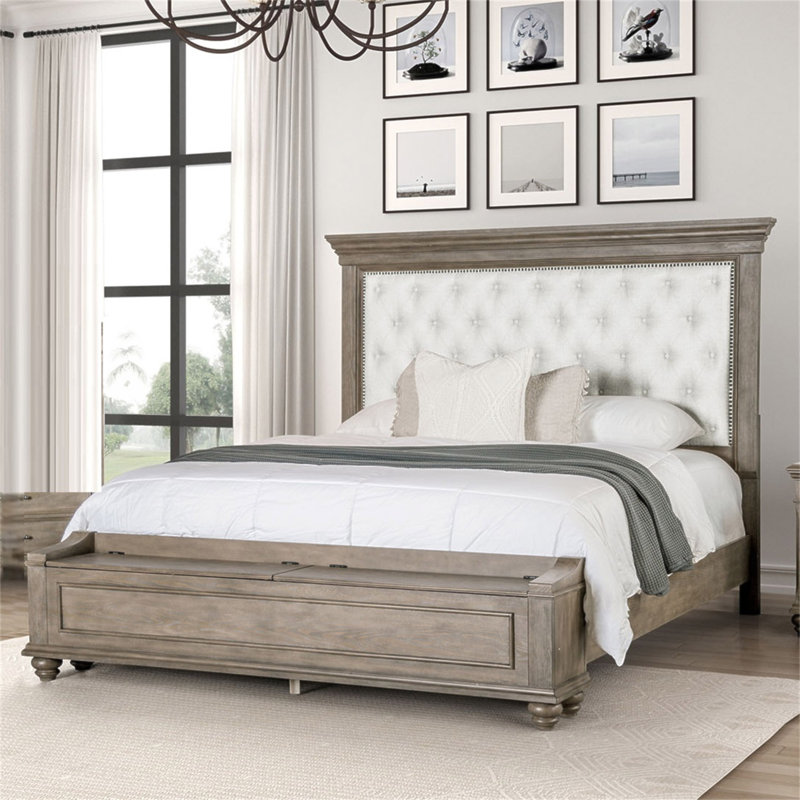 Transitionnel 1pc grand lit en chêne vieilli banc FB avec meubles de chambre à coucher et rangement rembourré beige