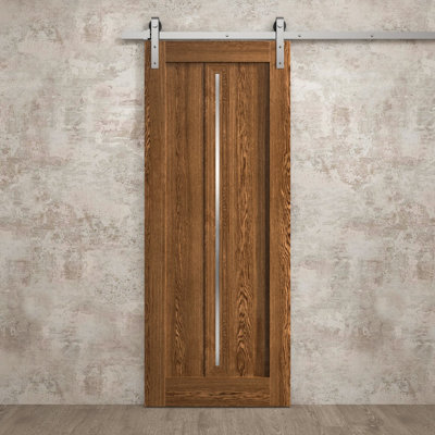 Porte de grange moderne 42 x 96 pouces Ego 5014 Chêne Cognac Rail de 8 pi Quincaillerie robuste Ensemble de portes intérieures à panneaux pleins