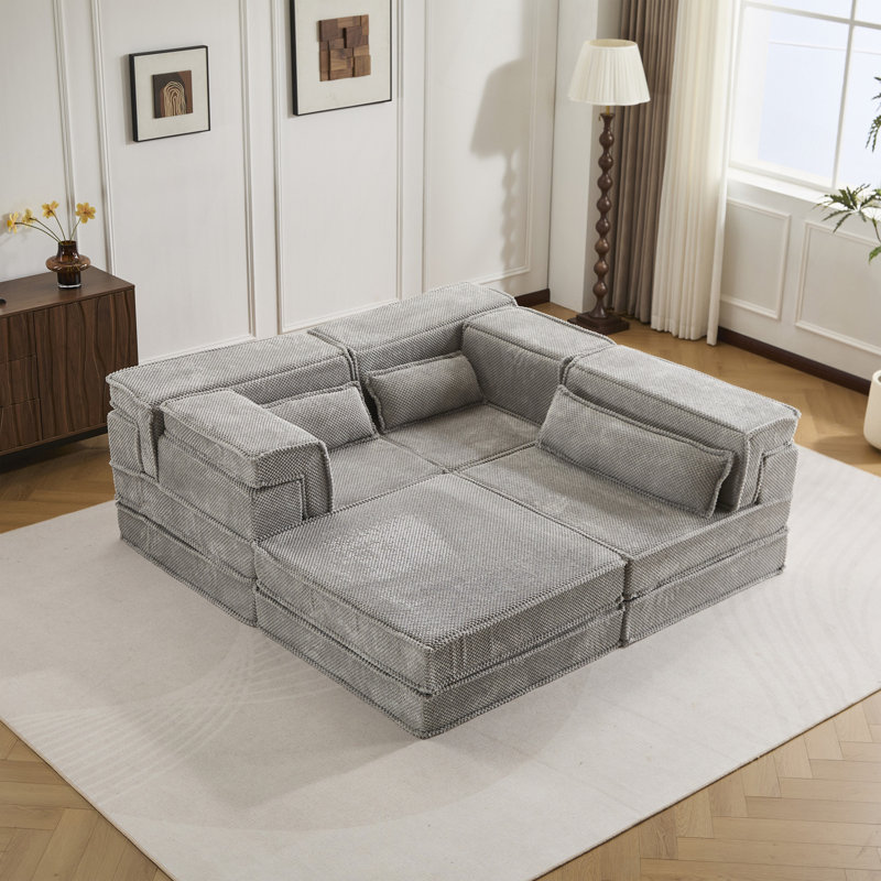 Canapé à compression, canapé convertible au sol, canapé modulaire désossé bricolage, aucun assemblage requis, tissu polaire circulaire, surdimensionné à 3 places avec 1 repose-pieds, gris clair