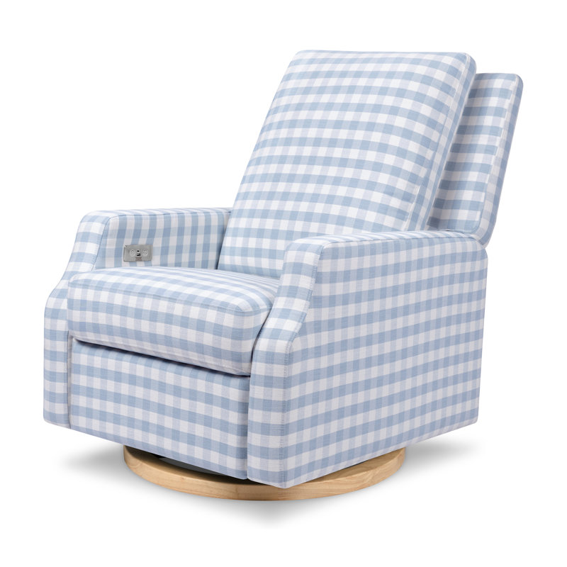 Blue Gingham Velvet Swivel Recliner with Light Wood Base