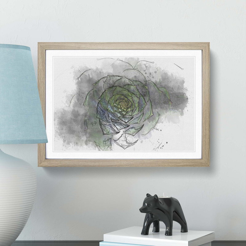 Dark Green Succulent Plant in Abstract - Picture Frame Graphic Art Print, 36cm H x 48cm W x 2cm D, Oak Framed