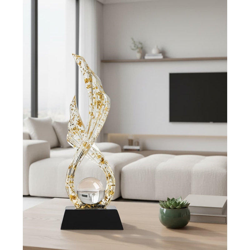 12.2" White & Gold Wing-Shaped Resin Sculpture - Modern Home Office Decor, White/Gold/Clear