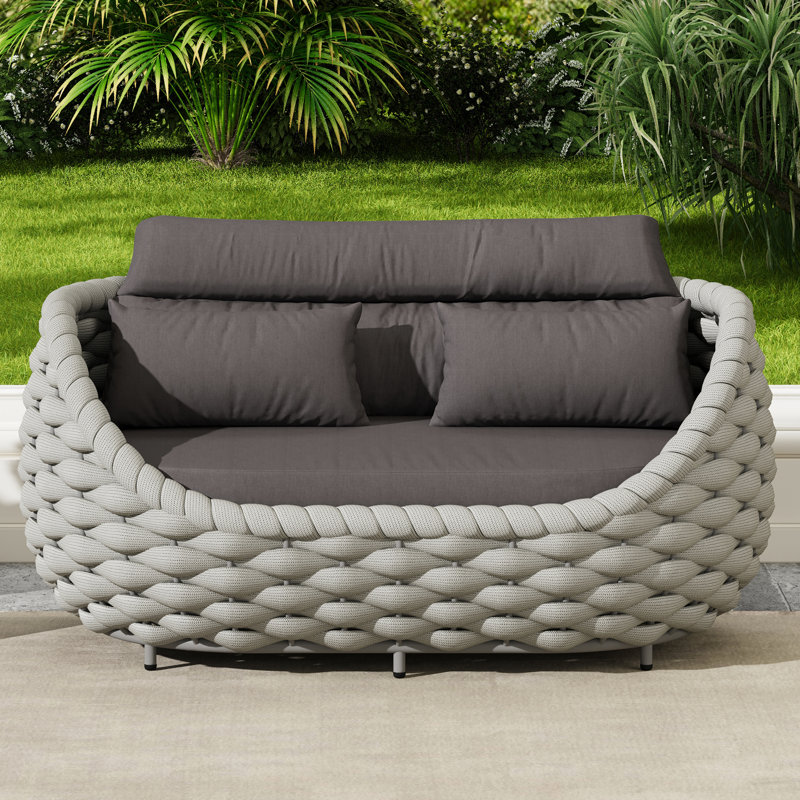 Outdoor Patio Hand-Woven Rope Powder-Coated Aluminum Loveseat Sofa With Cushions, Dark Gray, Light Gray