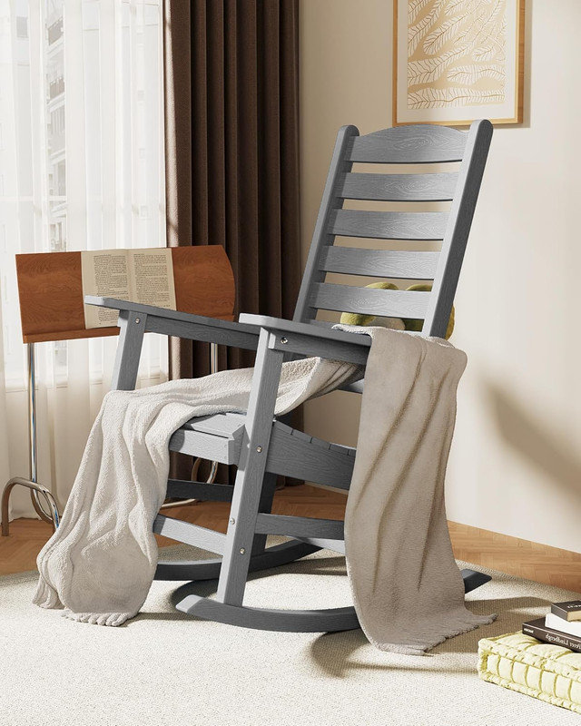 Chaise berçante d'extérieur à bascule pour l'extérieur toutes saisons avec dossier courbé et chaise berçante en plastique pour porche, pelouse, cour, jardin, gris