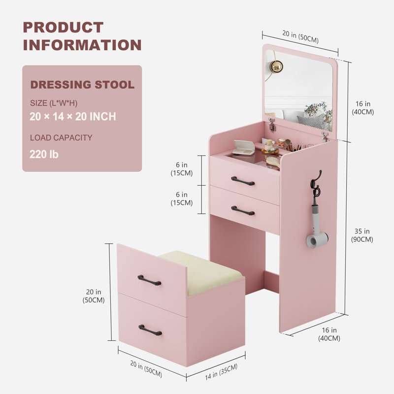 Dressing Table with Mirror, Pink