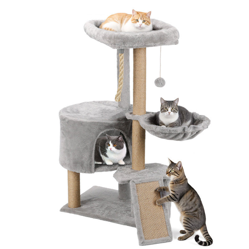 Arbre à chat 39 po pour chats d'intérieur, tour pour chat avec poteaux à griffes, condo, hamacs, perchoir moelleux, jouets, gris clair, parfait pour les chats actifs