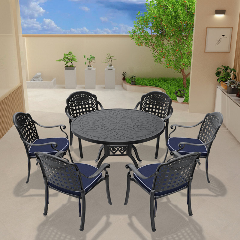Ensemble de 7 meubles de patio en aluminium coulé avec coussins bleus (même référence: W1710S00076, W1710S00560)