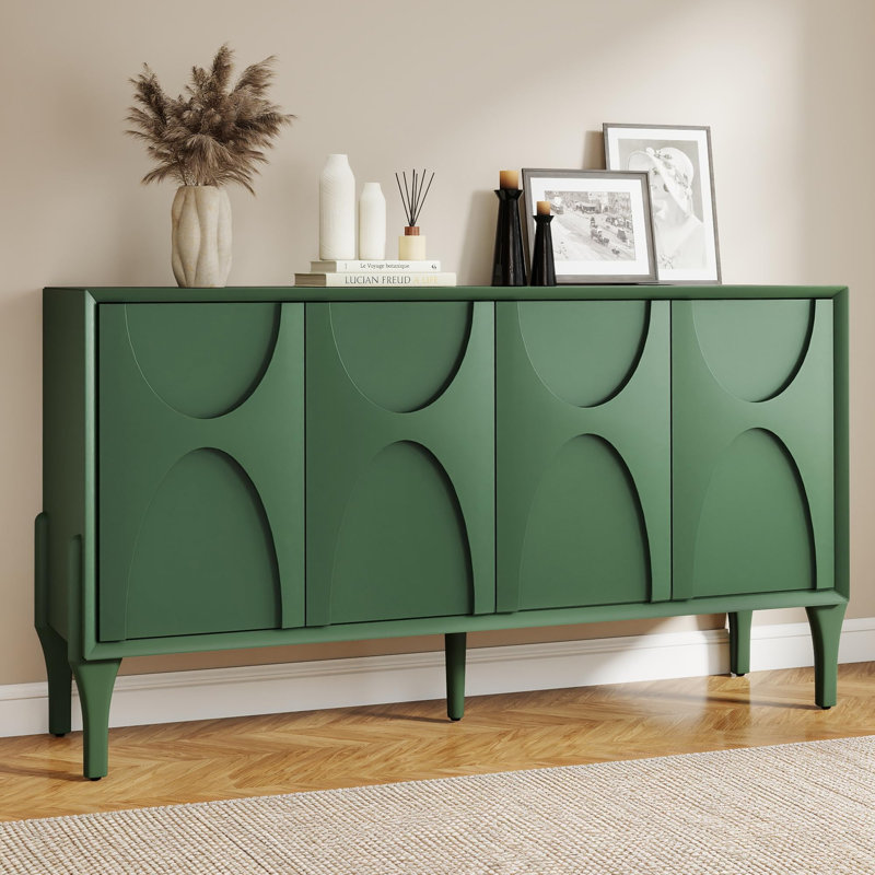 Buffet 59 po, buffet Mid-Century moderne avec tablettes réglables et pieds en bois massif pour la salle à manger ou le salon - vert