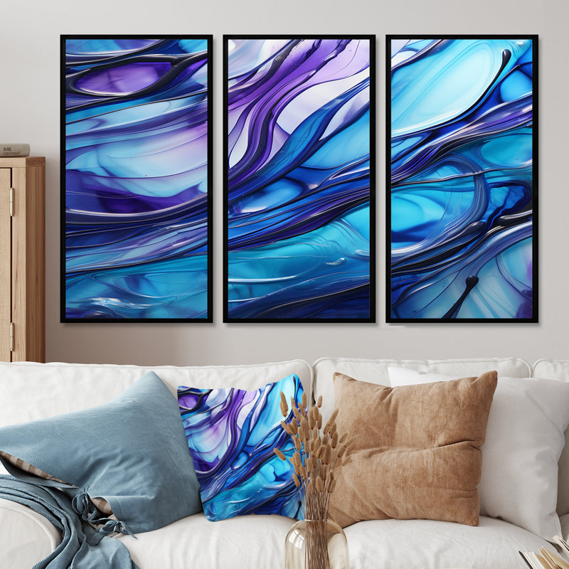 «Inner Nebula Deep Blue - Vagues», ensemble de décorations murales, Cadre flottant noir, H 32 po x l 48 po x P 1 po