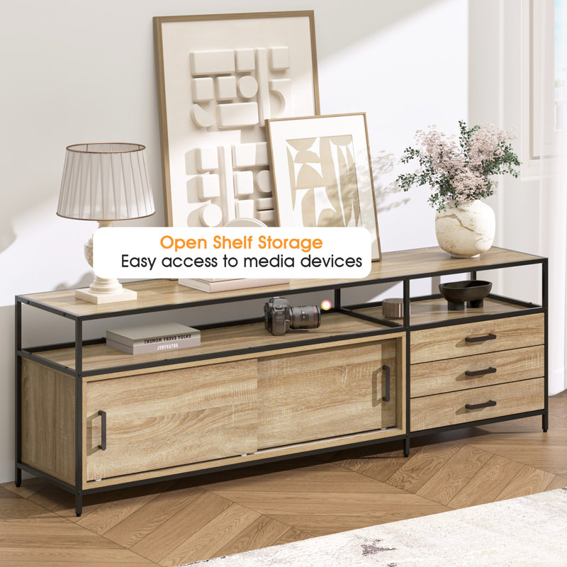 70.86" TV Stand for TVs up to 80", Modern Media Console with Sliding Doors, 3 Drawers, Steel Frame & Large Storage Cabinet