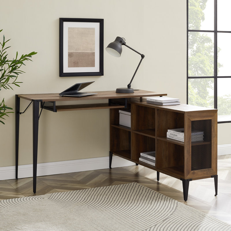Onamia L-Shaped Metal Base Computer Desk, Rustic Oak