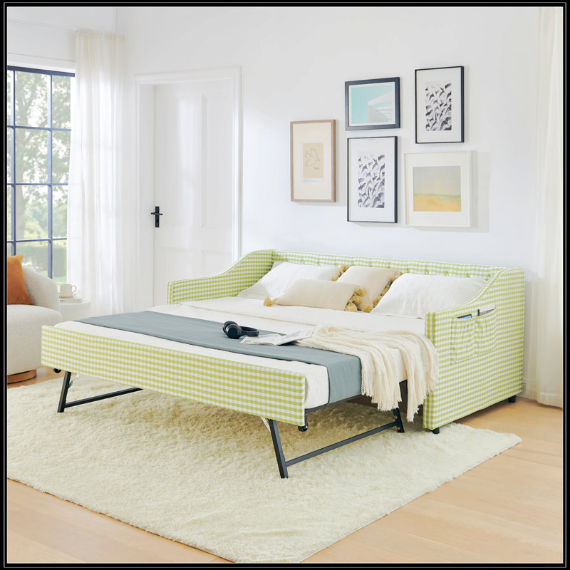 Lit de jour simple, canapé-lit convertible polyvalent 3 en 1 Gingham avec couchette coulissante et poches de rangement latérales, idéal pour les petits espaces