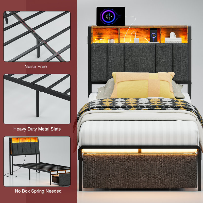 Ivy Bronx Bed Frames With Dustproof Storage Drawer, Ergonomic Hidden Storage Headboard With Charging Station, Upholstered Led Platform Bed, No Box Spring Needed, Easy Assembly