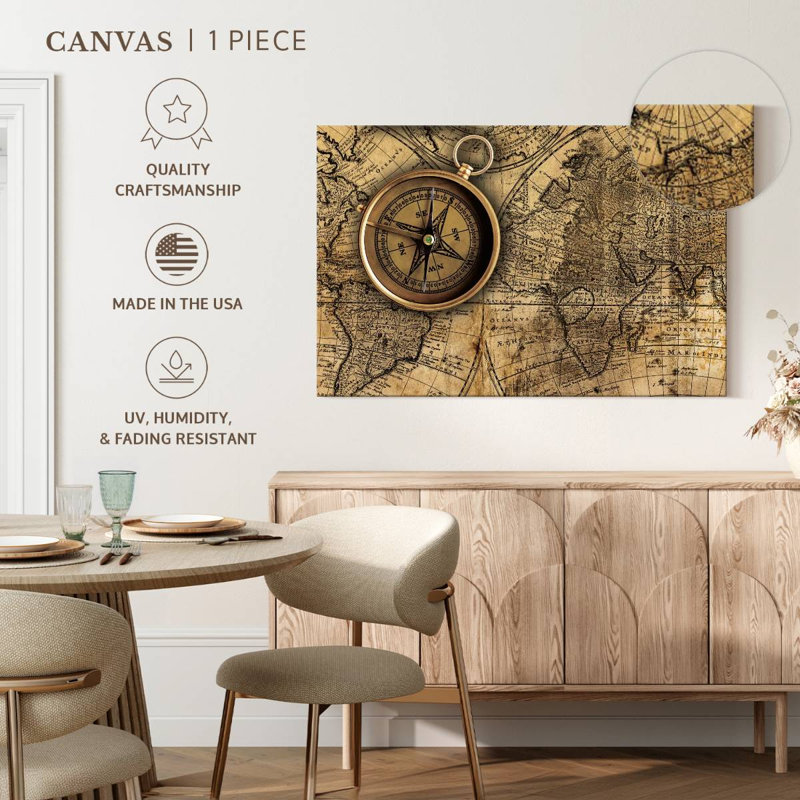 «Brass Compass on World Map» - reproduction d'art sur toile tendue, H 26 po x l 39 po x P 1,25 po
