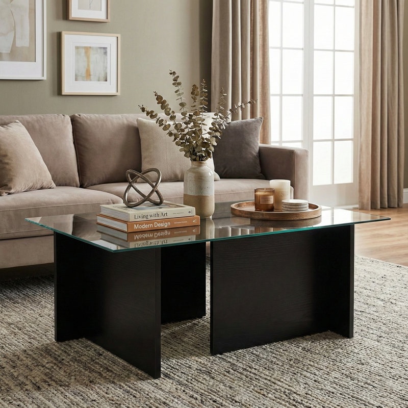 Rectangle Tempered Glass Coffee Table, Wood Black, 15.7" H x 41.3" L x 25.6" W