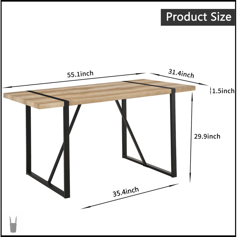 55 Inch MDF Wood Dining Table And Modern Linen Chair Set Of 4, Mid Century Design With Metal Base & Legs, Natural, Grey