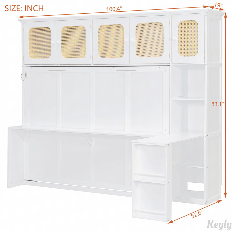 Lit escamotable avec bureau et armoires de rangement en rotin, Blanc