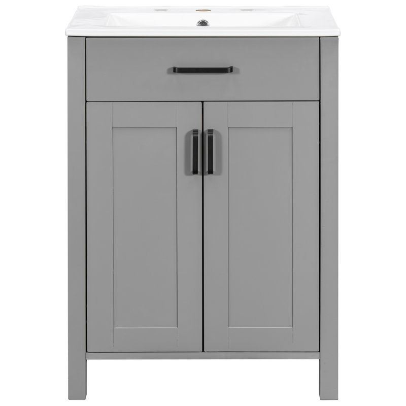Meuble-lavabo de 24 po avec lavabo en céramique, rangement intelligent, cadre en bois massif, portes à fermeture en douceur et poignées en alliage d'aluminium pour installation de 24 po, trop-plein de bassin, nombreuses tablettes, armoire, charnières,