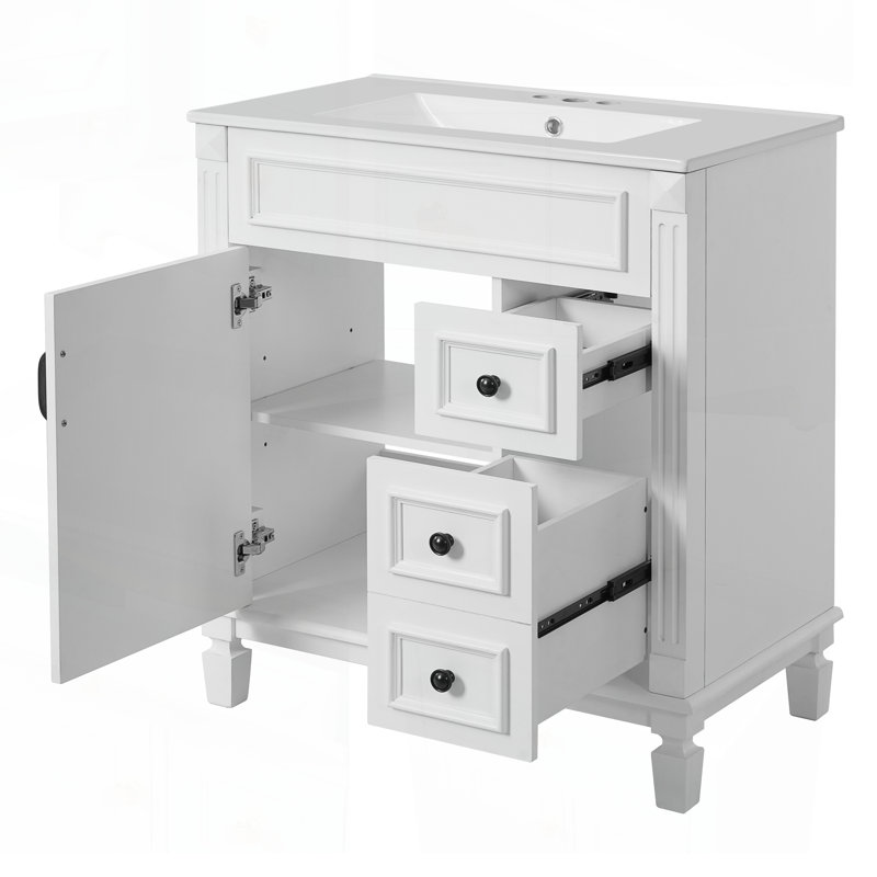 Élégant meuble-lavabo de 30 pouces avec lavabo en céramique, 2 tiroirs et tablette réglable pour les petits espaces, Blanc