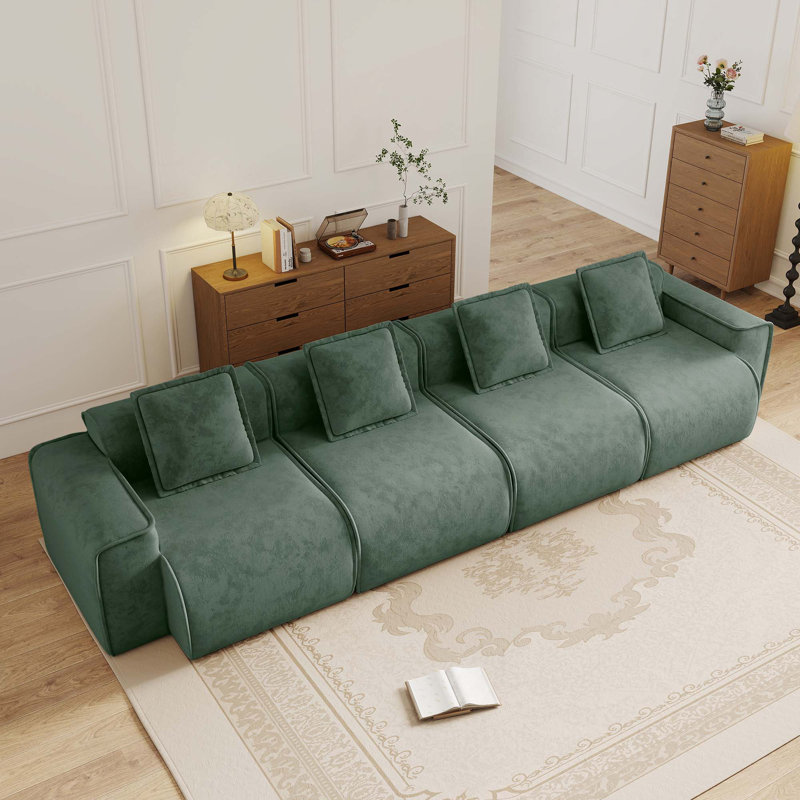 Canapé modulaire en velours 4 places avec coussins décoratifs, Green, 31.1" H x 138.58" W x 38.2" D