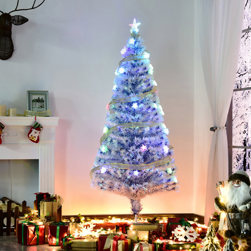 Sapin de Noël artificiel pré-éclairé de 5 pi de hauteur avec branches réalistes, lumières DEL multicolores, fibre optique et 180 pointes