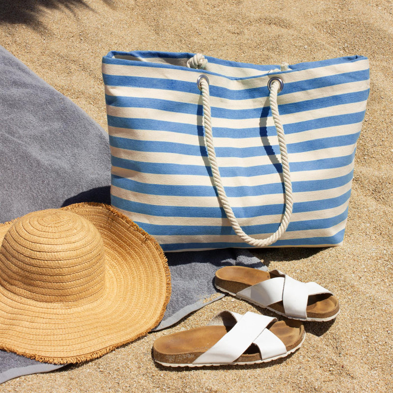 Large Striped Canvas Tote Beach Bag - 55cm x 36cm, Blue/Beige