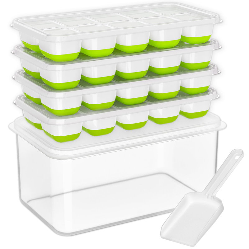 Ice Cube Tray With Lid And Bin, 4 Pack Silicone Plastic Ice Cubes Trays For Freezer With Box/Container, Stackable With Storage Iced Bucket Kits, Scoop, For Soup, Food, Cocktail, Coffee