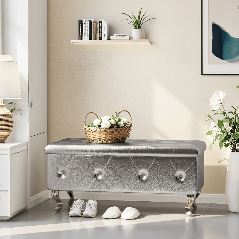 Storage Ottoman Bench For Bedroom, PU Leather Upholstered Rectangle Entryway Bench With Legs & Crystal Buttons, 37.4" Folding Storage Bench For  Living Room, Bedroom, End Of Bed, Entryway