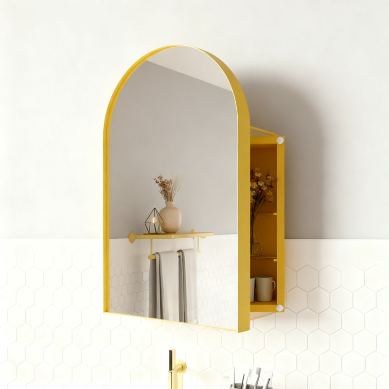 Pharmacie de coin en métal avec miroir arqué, tablettes en verre réglables, rangement de salle de bain peu encombrant pour les petits espaces
