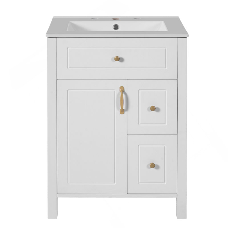 Meuble-lavabo de 24 pouces avec lavabo en céramique, 1 porte à fermeture en douceur, 2 tiroirs à fermeture en douceur et 2 supports de rangement sur la porte