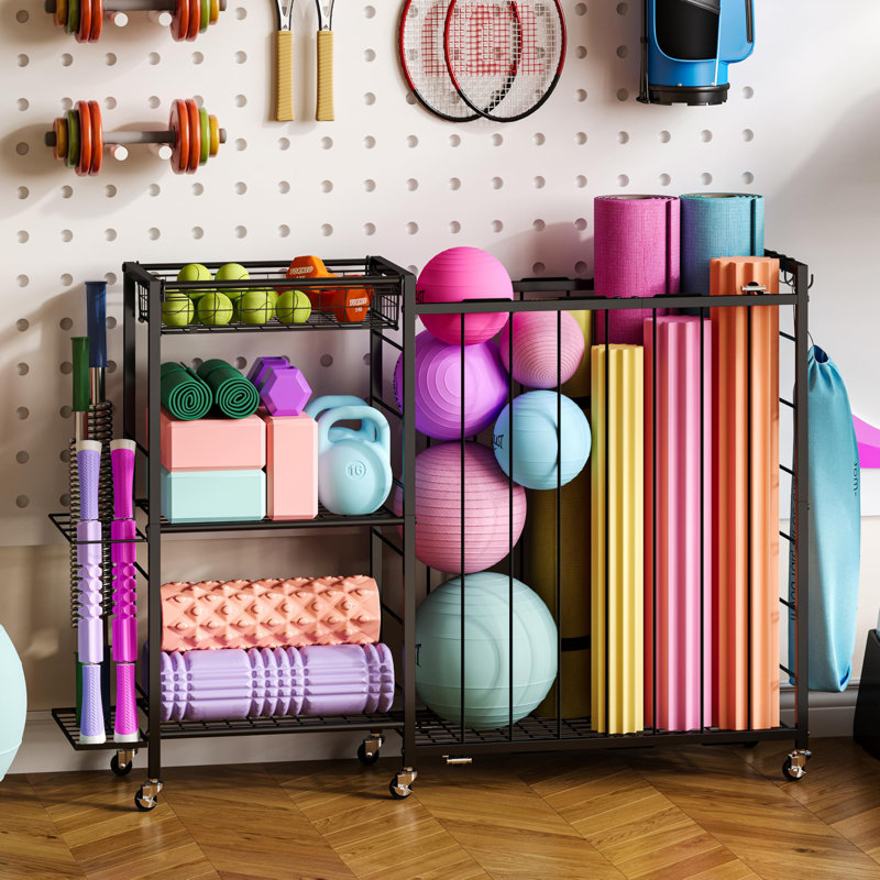 Rangement pour balles avec corde élastique, rangement pour le garage sur roulettes, organisateur de matériel de sport de grande capacité avec support de batte de baseball et support de basketball