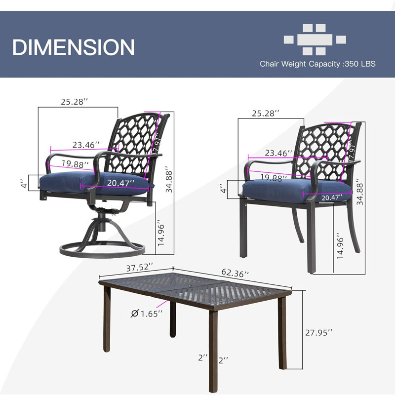 Nasir Patio 7-Piece Metal Dining Set with Swivel Chairs & Cushions, Navy Blue