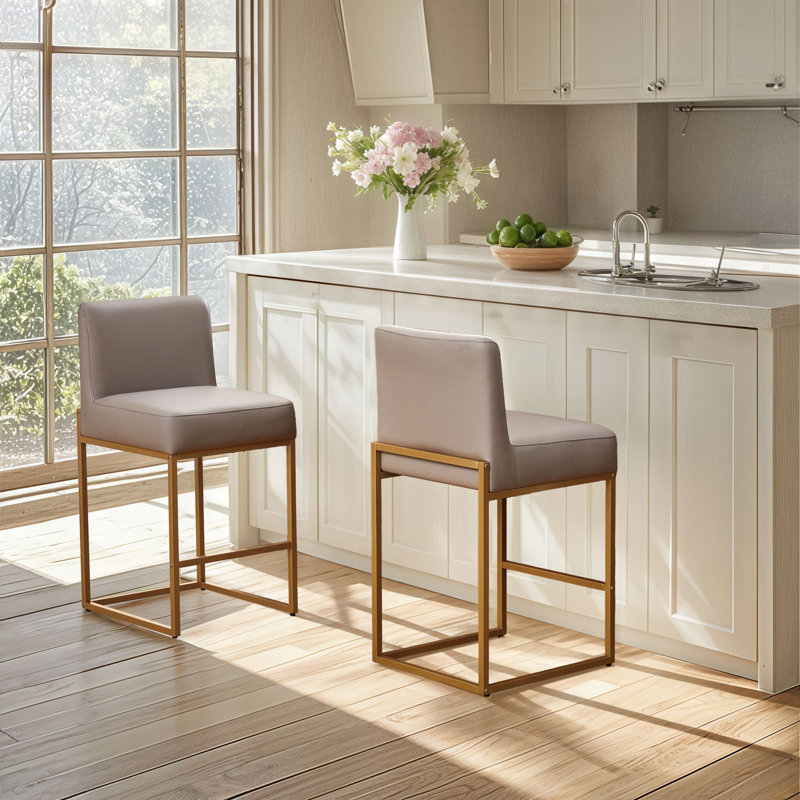 26" Modern Faux Leather Counter Stools Set of 2, Grey with Golden Base, Ivory Seat/ Gold Frame, 2