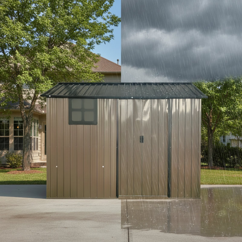 8*6 FT Galvanized Steel Outdoor Storage Shed with Sliding Door, Heavy Duty Metal Tool Shed with Window & Vents, Weatherproof Utility Shed for Backyard Patio Lawn,Brown Black